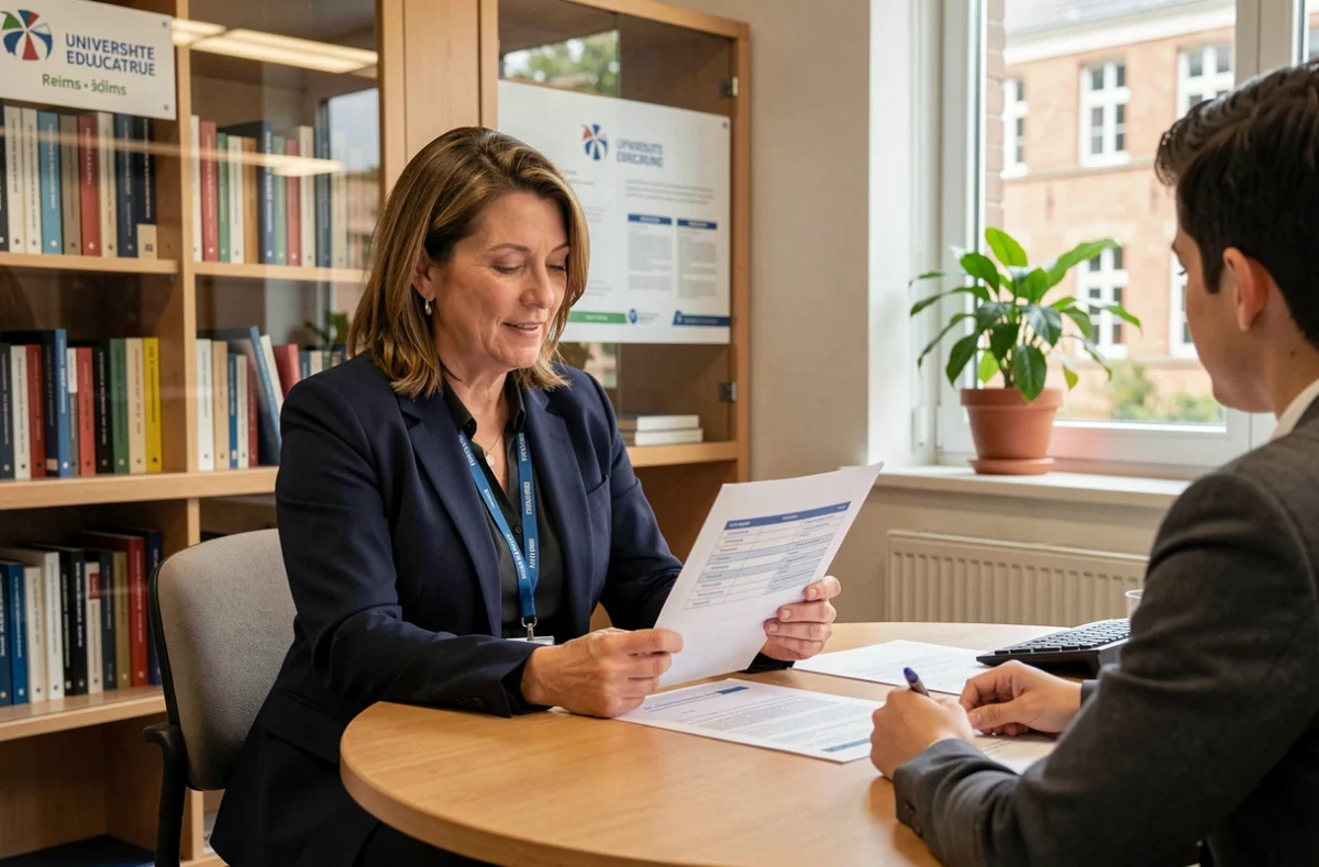 Conseillère en formation continue rencontrant un adulte apprenant au service de formation de l'Université de Reims Champagne-Ardenne