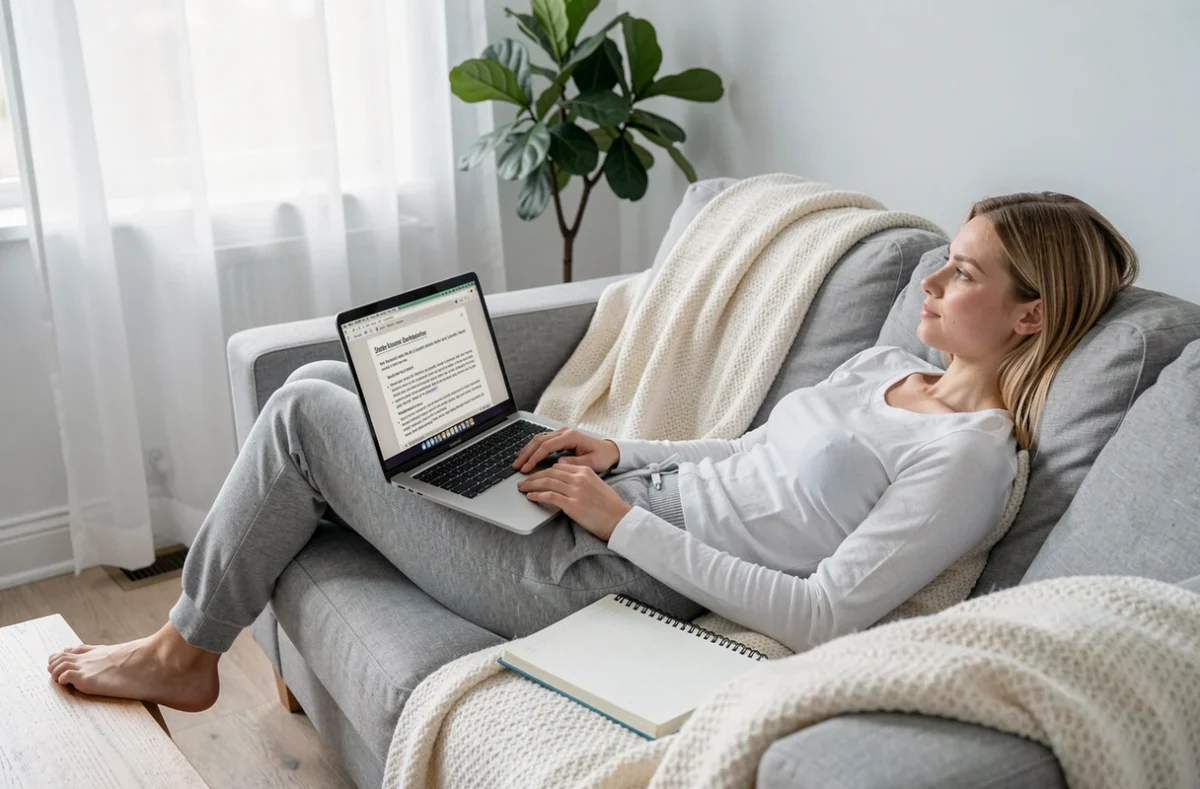Jeune femme utilisant un PDF d'exercices d'écriture sur laptop depuis son canapé, illustrant une pratique d'écriture quotidienne à domicile