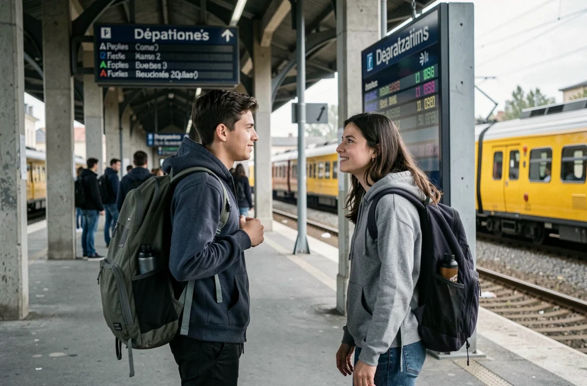 Deux étudiants sur un quai de gare française consultant un tableau de départs, illustrant le verbe partir au présent