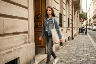 Jeune femme quittant un immeuble parisien, illustrant le verbe partir au présent en contexte quotidien