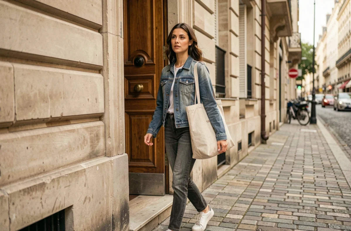 Jeune femme quittant un immeuble parisien, illustrant le verbe partir au présent en contexte quotidien