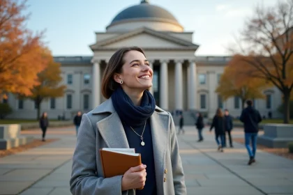 Jeune femme tenant un guide en français devant le Grand Dôme du MIT à Cambridge lors d'une visite guidée en automne