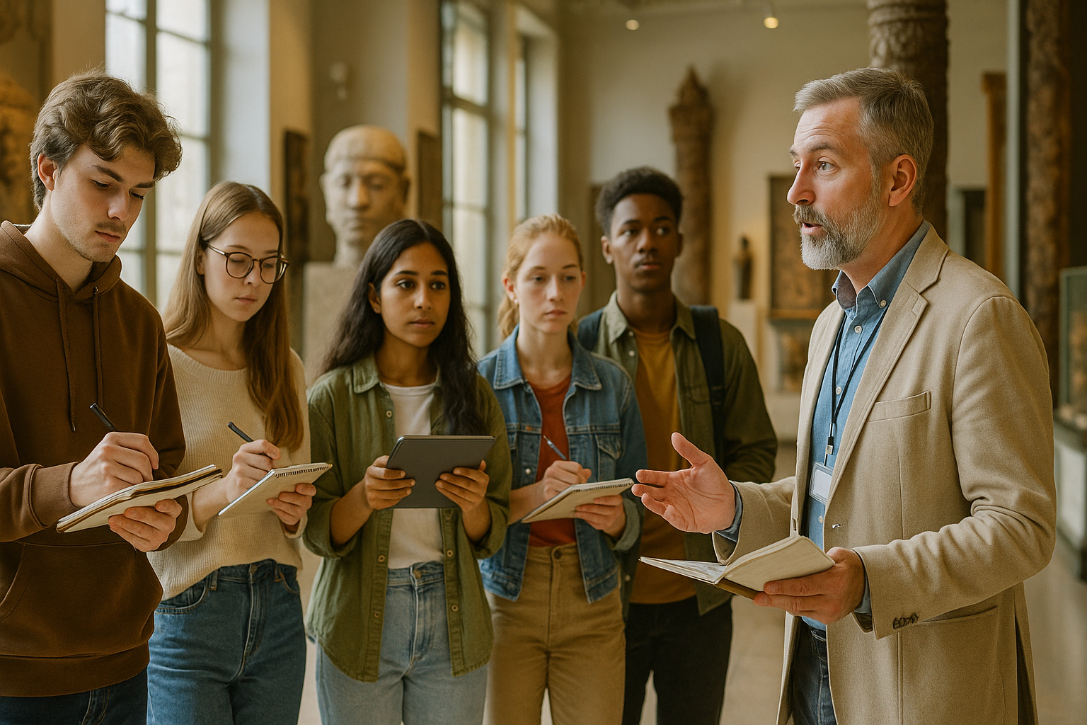 Groupe d etudiants en visite guidée dans un musee avec artefacts